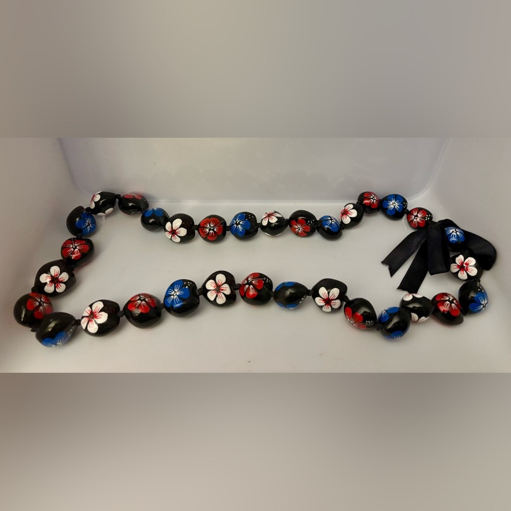 Kukui Nut Lei Hibiscus Necklace Patriotic Red White Blue Graduation Wedding Luau